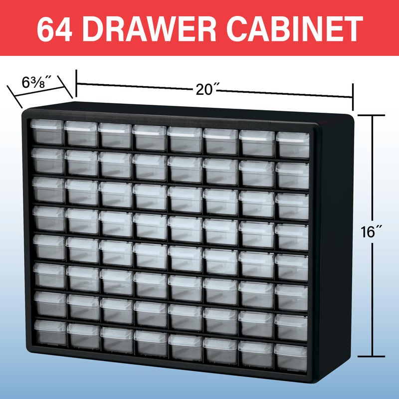 Akro-Mils 64-Drawer Plastic Drawer Storage Cabinet for Garage Organization, Bead Organizer, Building Bricks Storage, Teacher Toolbox, Makeup Organizer, 20" W x 6" D x 16" H, 10164 Red - Image 2